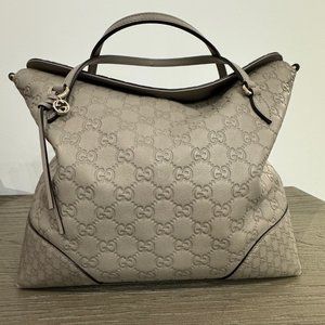 GUCCI Grey Monogrammed Leather Top Handle Bag